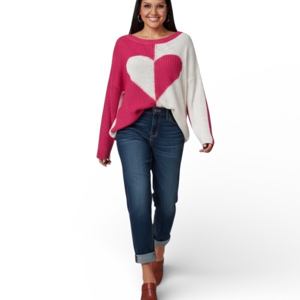 Heart Sweater Pink White Miraccle Size M